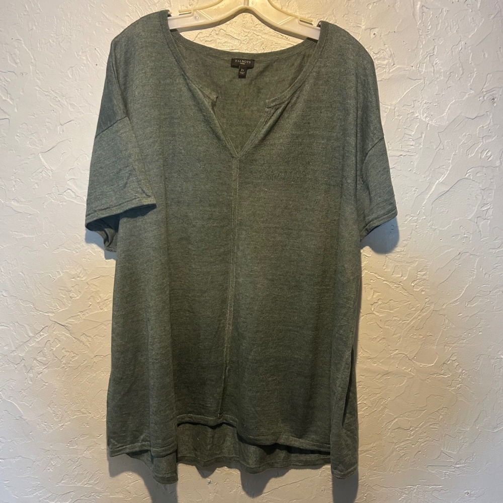 Talbots Woman Green Linen V-Neck Split Neck Short Sleeve Top Plus Size 3X - Picture 2 of 6